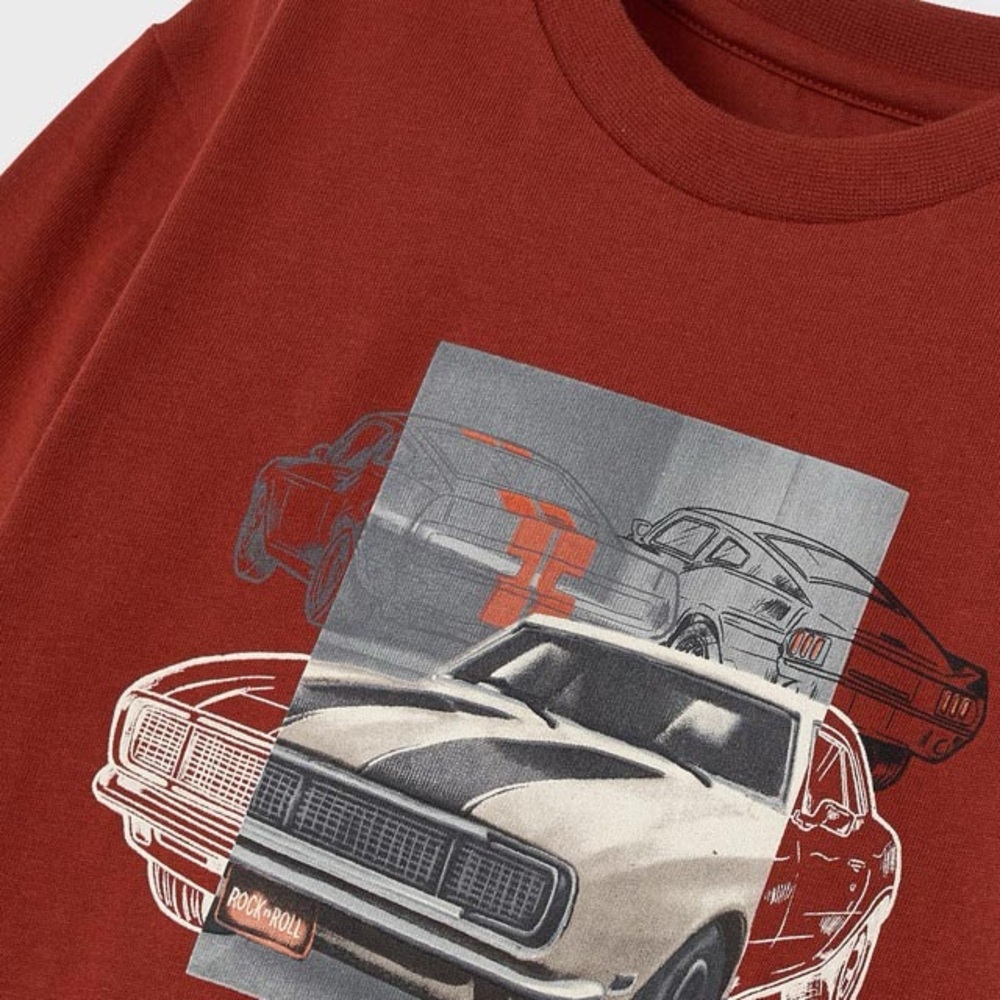 Size 3 Toddler kids Mayoral Rust Long Sleeve Tee with Car Graphic - Picture 2 of 2